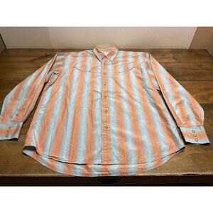 Ryan Michael Western Shirt Blue Orange Striped Silk Blend Pearl Snap Size Large